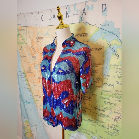 Vintage Silk Colorful Sequin & Beaded Short Sleeve Top - Picture 2 of 13